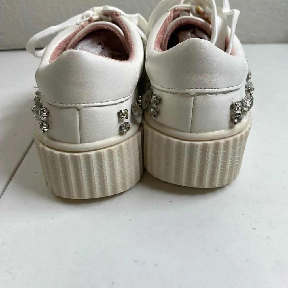 NIB Lauren Lorraine Girls White “Pam” White Rhinestone Lace Up Sneakers Size 5.5
